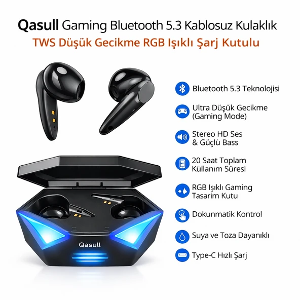 Gaming Bluetooth 5.3 Kablosuz Kulaklık TWS Düşük Gecikme RGB Işıklı Stereo Ses ürün görseli 1