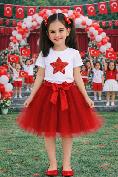 Kız Çocuk Yıldız Desenli Beyaz Tişört ve Kırmızı Tütü Etek Takım – Bayram Gösteri Takımı 5-13 Yaş ürün görseli 1