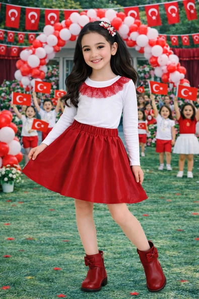 Kız Çocuk Beyaz Uzun Kollu Body Kırmızı Etek Takım – Okul Etkinlik ve Bayram Kıyafeti 3-14 Yaş ürün görseli 1