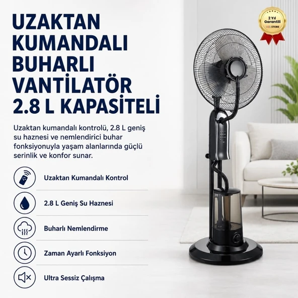 Uzaktan Kumandalı 2.8 L Buharlı Vantilatör Nemlendirici Fan Ultra Sessiz Tekerlekli Zaman Ayarlı ürün görseli 1