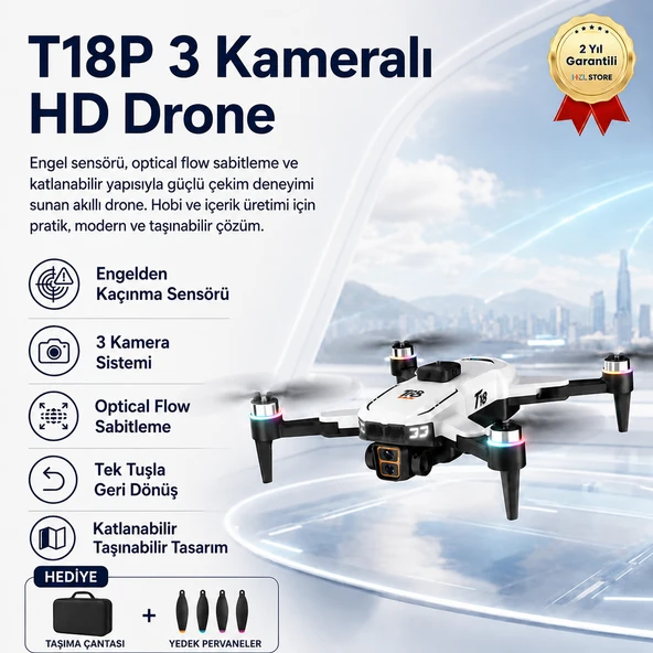 T18P 3 Kameralı 4K HD Drone, Engel Sensörlü Katlanabilir Akıllı Drone, Optical Flow ürün görseli 1