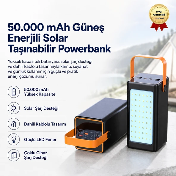 50000 mAh Solar Powerbank Güneş Enerjili Dahili Kablolu LED Fenerli Taşınabilir Şarj Cihazı ürün görseli 1
