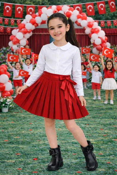 Kız Çocuk Beyaz Uzun Kollu Gömlek & Kırmızı Pileli Etek Takım – Okul ve Bayram Takımı 5-13 Yaş ürün görseli 1