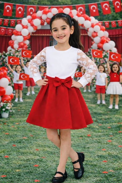 Kız Çocuk Kelebek Detaylı Body & Kırmızı Fiyonklu Etek Takım – Okul Etkinlik Kombini 5-13 Yaş ürün görseli 1