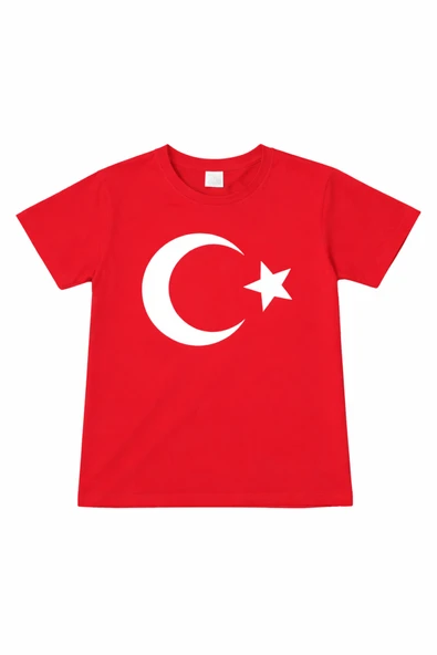 Unisex Çocuk Ay Yıldız Türk Bayrak Desenli Kırmızı Tişört – 23 Nisan Okul Gösterisi 3-14 Yaş ürün görseli 1