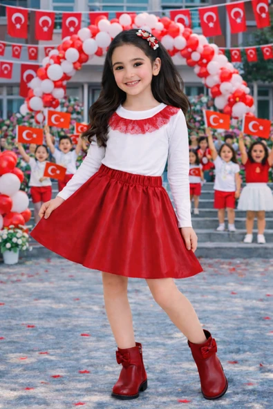 Kız Çocuk Beyaz Uzun Kollu Body Kırmızı Fırfır Detaylı – Okul Etkinlik ve Bayram Tişörtü 3-14 Yaş ürün görseli 1