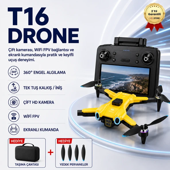 T16  Drone 4K Çift Kameralı Büyük Ekran Kumandalı WiFi FPV 360° Engel Algılama Katlanabilir Drone ürün görseli 1