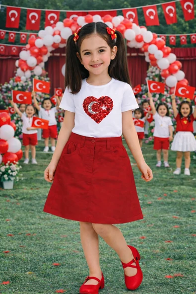 Kız Çocuk Beyaz Body Kırmızı Kalp Ay Yıldız Detaylı ve Kırmızı Etek Takım–Okul Etkinlik Takımı ürün görseli 1