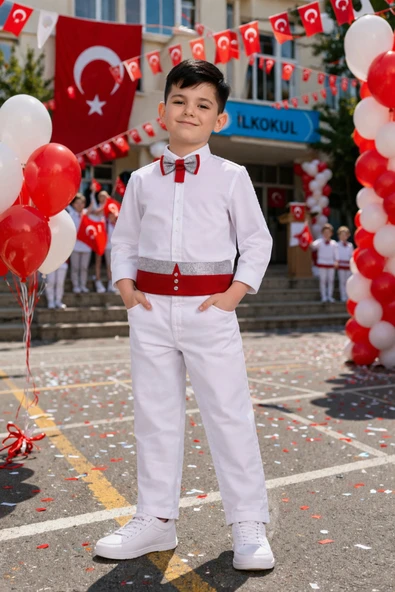 Erkek Çocuk Kuşaklı Papyonlu Beyaz Gömlek Pantolon Takım Okul Bayram Etkinlik 5-13 Yaş ürün görseli 1