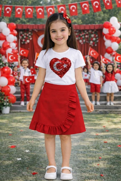 Kız Çocuk Beyaz Kalpli Ay Yıldız Simgeli Body ve Kırmızı Şort Etek Takım – Etkinlik Takımı 5-13 Yaş ürün görseli 1