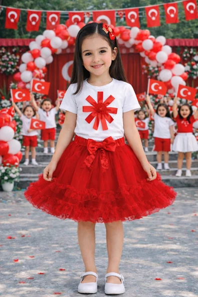 Kız Çocuk Beyaz Body ve Kırmızı Tütü Etek Takım – Okul Etkinlik ve Bayram Gösteri Takımı 5-13 Yaş ürün görseli 1