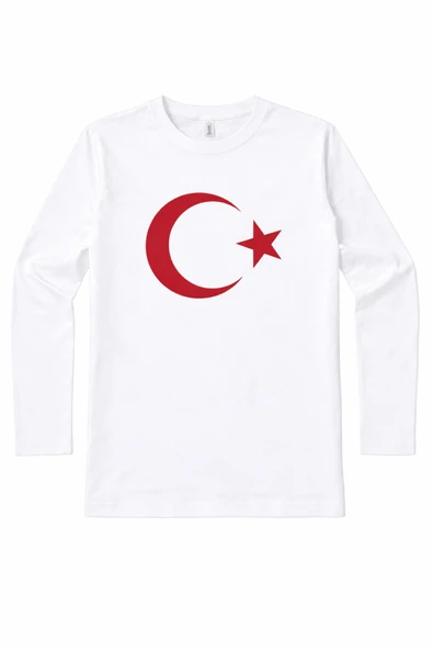 Ay Yıldız Baskılı Uzun Kollu Beyaz Çocuk Tişört – 23 Nisan Okul Gösterisi 3-14 Yaş ürün görseli 1