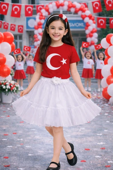 Kız Çocuk Ay Yıldız Desenli Tişört Tül Etek Takım Okul Bayram Etkinlik 5-13 Yaş ürün görseli 1