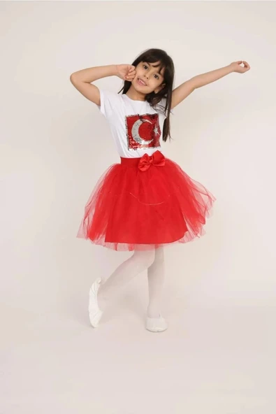 Kız Çocuk 23 Nisan 29 Ekim 10 Kasım 19 Mayıs Gösteri Kıyafeti T-shirt Etek Takım Nbl58963 ürün görseli 1