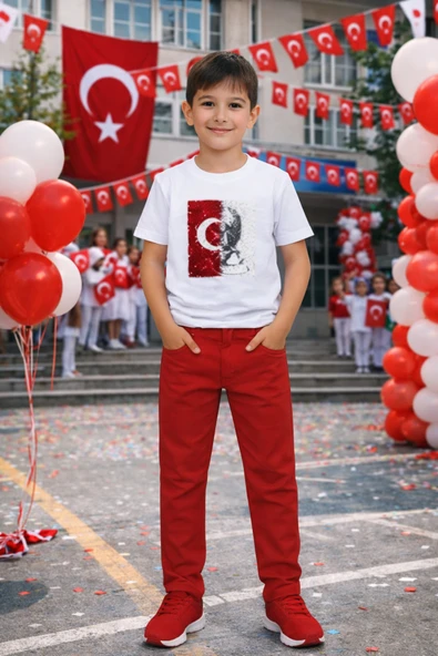 Erkek Çocuk Kırmızı Beyaz Kombin Takım Baskılı Tişört Pantolon 5-13 Yaş Okul Bayram Etkinlik ürün görseli 1