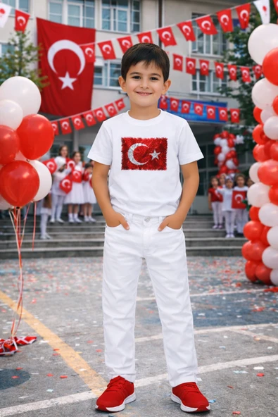 Erkek Çocuk Beyaz Takım Baskılı Tişört Pantolon 5-13 Yaş Okul Bayram Etkinlik ürün görseli 1