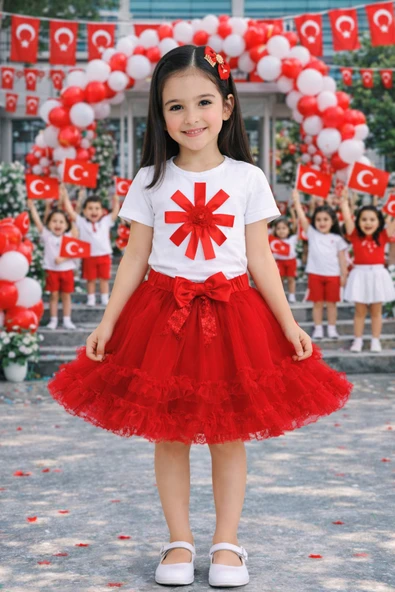 Kız Çocuk Beyaz Body Kırmızı Çiçek Detaylı – Okul Etkinlik ve Bayram Gösteri Tişörtü 3-14 Yaş ürün görseli 1