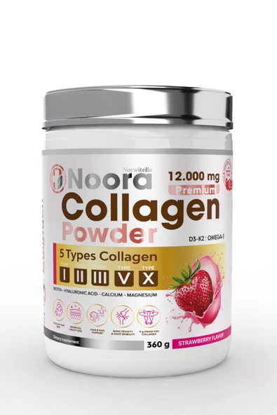 Noora Collagen Powder 360 Gr Çilek Aromalı 5 Tip Kolajen + D3 K2 Omega-3 Destekli ürün görseli 1
