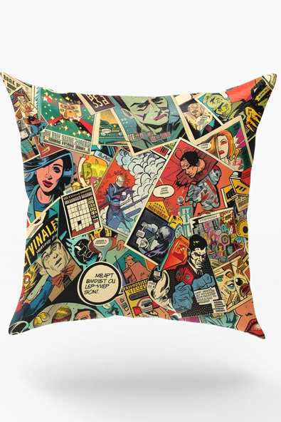 Karkan Tekstil Retro Pop Art Çizgi Roman Desenli Salon & Genç Odası Baskılı Kırlent Kılıfı ürün görseli 1