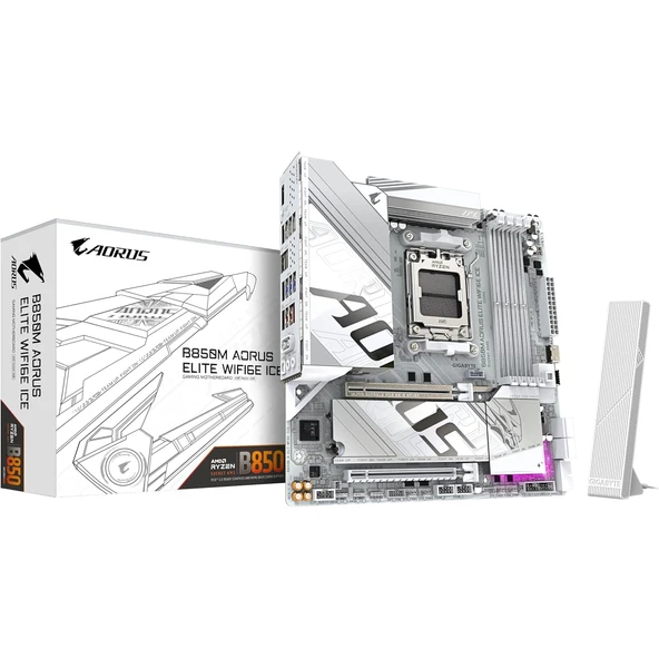 GIGABYTE B850M AORUS ELITE WIFI6E ICE LGA1851 DDR5 7600MHz(OC) PCIe 5.0 Çift M.2 NVMe WiFi 6E 2.5GbE LAN Beyaz mATX Anakart ürün görseli 1