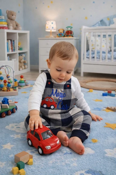Ekoseli Araba Desenli Erkek Bebek Salopet 2'li Takım 2204 ürün görseli 1
