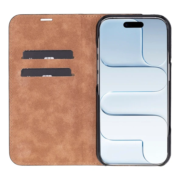 Apple iPhone 17 Air için, Hakiki Deri, El Yapımı, Cüzdanlı Slim Kılıf, Mag safe ile uyumlu, İç Yüzeyi Kadife, Siyah ürün görseli 1
