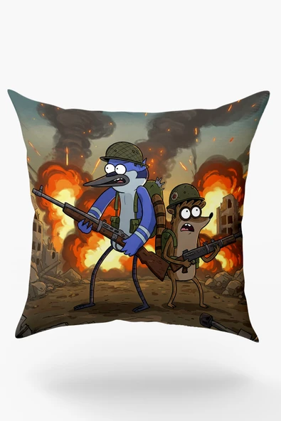 Karkan Tekstil Mordecai ve Rigby, Savaş, Ateş Hattı Eğlenceli Yastık ürün görseli 1