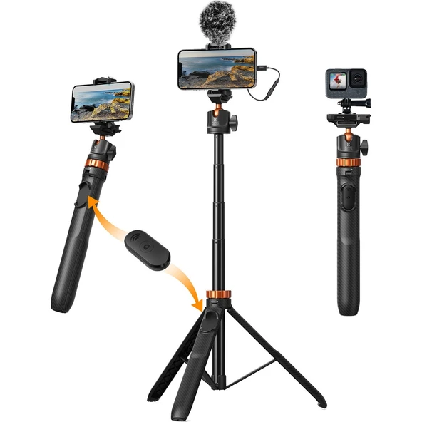 K&F Concept 158CM Bluetooth Selfie Çubuğu & Tripod - Cep Telefonları ve Aksiyon Kameralar ile Uyumlu ürün görseli 1
