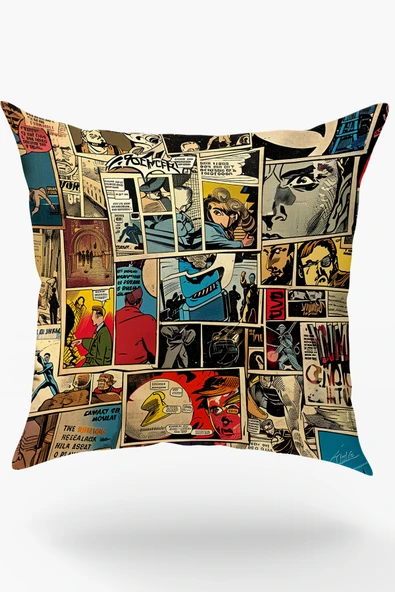 Karkan Tekstil Retro Çizgi Roman Desenli Dekoratif Yastık ürün görseli 1