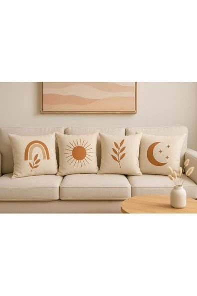 Karkan Tekstil 4'lü Bohem Tarzı Dekoratif Kırlent Kılıfı Seti - Güneş, Ay, Bitki ve Gökkuşağı Desenli (43x43 cm) ürün görseli 1
