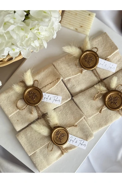 pearlsavon Kişiye Özel Mühürlü Sabun Kesesi – Doğal Keten, Düğün & Baby Shower Hediyeliği | 10’lu Set ürün görseli 1