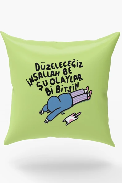 Karkan Tekstil Düzeleceğiz İnşallah Yazılı Eğlenceli Dekoratif Baskılı Yastık ürün görseli 1