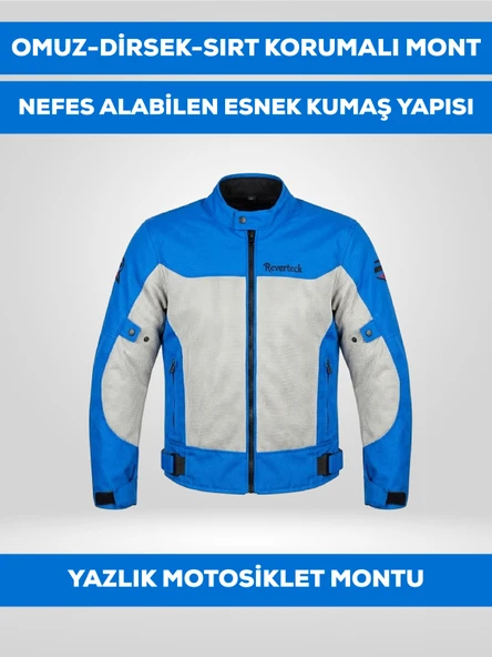Revertech Mavi-Beyaz Yazlık Fileli Motosiklet Montu CE Korumalı Nefes Alan Hafif Mont ürün görseli 1