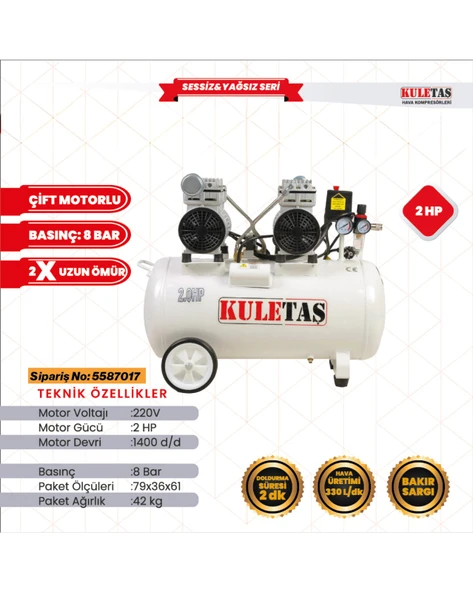 Kuletaş 50 Litre Kompresör 2HP 8 Bar Ultra Sessiz Yağsız Çift Motorlu Bakır Sargılı Süper Hızlı ürün görseli 1
