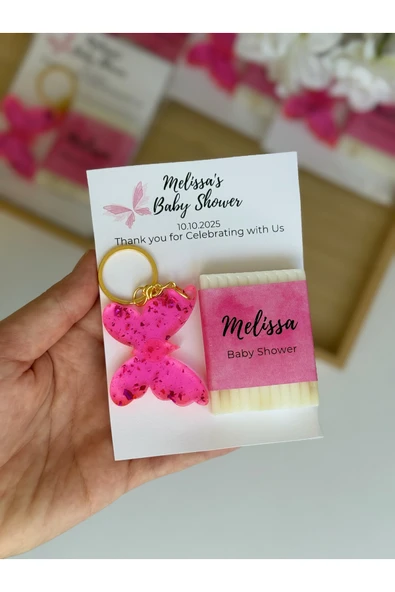 pearlsavon 20 Adet Kişiye Özel Baby Shower Hediyeliği | Sabun ve Anahtarlık Seti | Pembe Kelebek Konsept ürün görseli 1