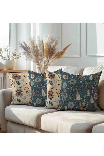Karkan Tekstil Bohem Etnik Yaprak Desenli Modern Dekoratif Baskılı Kırlent Kılıf Seti ürün görseli 1
