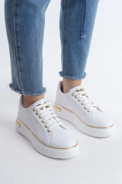 MINA Bağcıklı Ortopedik Taban Kadın Sneaker Spor Ayakkabı  CBT - Beyaz/Altın ürün görseli 1