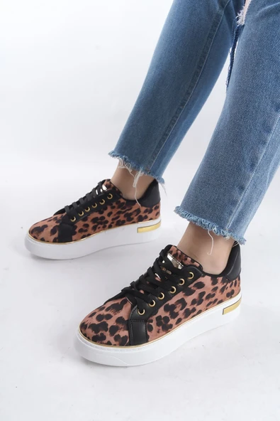 MINA Bağcıklı Ortopedik Taban Leopar Desenli Kadın Sneaker Spor Ayakkabı  TBT - Kahverengi ürün görseli 1