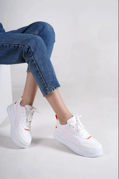 ALESSI Bağcıklı Ortopedik Taban Kadın Sneaker Spor Ayakkabı CBT - Beyaz/Turuncu ürün görseli 1