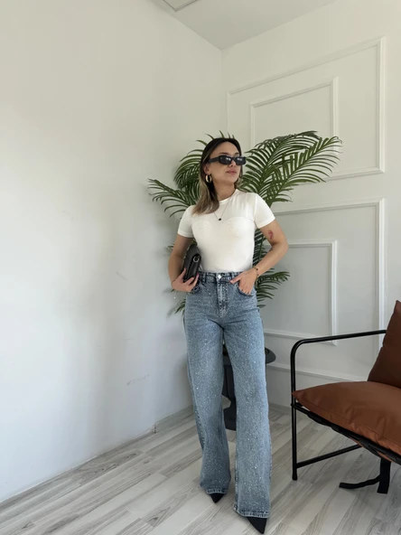 Kadın Wide Leg Taşlı Jean Mavi ürün görseli 1