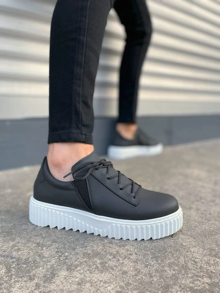 JY502 Bold Bağcıklı Cilt Erkek Günlük Sneaker Ayakkabı CBT - Siyah ürün görseli 1