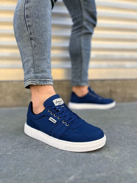 JY0118 REX Bağcıklı Keten Kumaş Erkek Günlük Sneaker Ayakkabı KBT - Lacivert ürün görseli 1