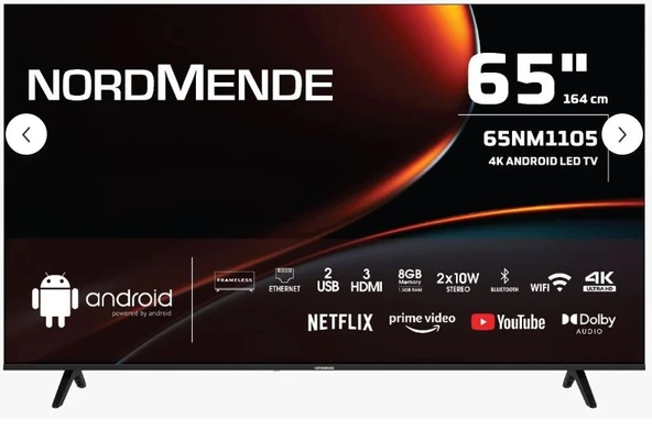 Nordmende 65NM1105 Frameless 4K Ultra HD 65" 165 Ekran Uydu Alıcılı Android Smart LED TV ürün görseli 1