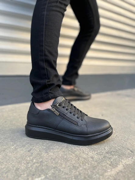 JY155 Warrior Bağcıklı ve Fermuarlı Cilt Erkek Günlük Sneaker Ayakkabı CST - Siyah ürün görseli 1