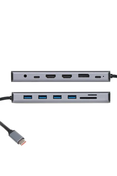 Cu4706 Type-C To Hdmi-2+Dp+Usb3.0-3+Type C+Usb2.0+Rj45+Sd2.0+Tf2.0+Pd+Dc 3.5Mm 13 İn 1 Çevirici Hub ürün görseli 1