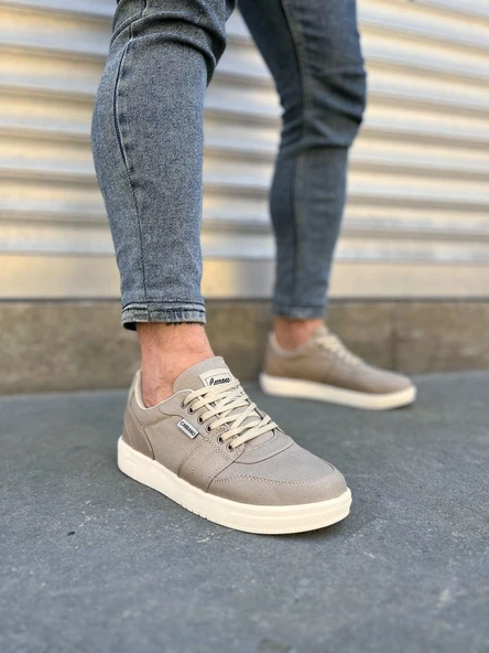 JY0118 REX Bağcıklı Keten Kumaş Erkek Günlük Sneaker Ayakkabı KKT - Bej ürün görseli 1