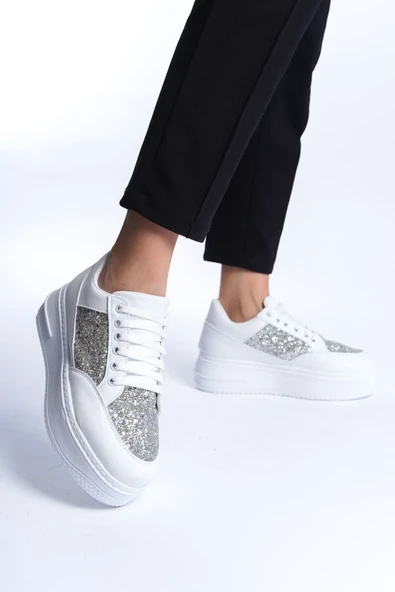 MIPA Bağcıklı Ortopedik Taban Simli Kadın Sneaker Spor Ayakkabı  CBT - Beyaz ürün görseli 1
