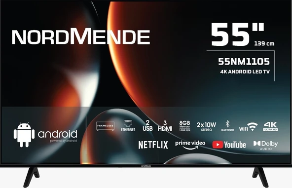 Nordmende 55NM1105 Frameless 4K Ultra HD 55" 140 Ekran Uydu Alıcılı Android Smart LED TV ürün görseli 1