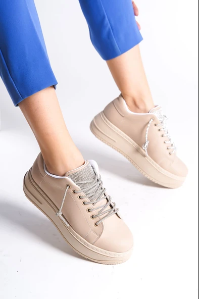 DELLA Bağcıklı Ortopedik Taban Taşlı Kadın Sneaker Spor Ayakkabı CTT - Ten ürün görseli 1