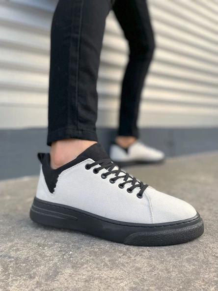 JY204 Flex Bağcıklı Keten Kumaş Erkek Günlük Sneaker Ayakkabı KST - Beyaz/Siyah ürün görseli 1